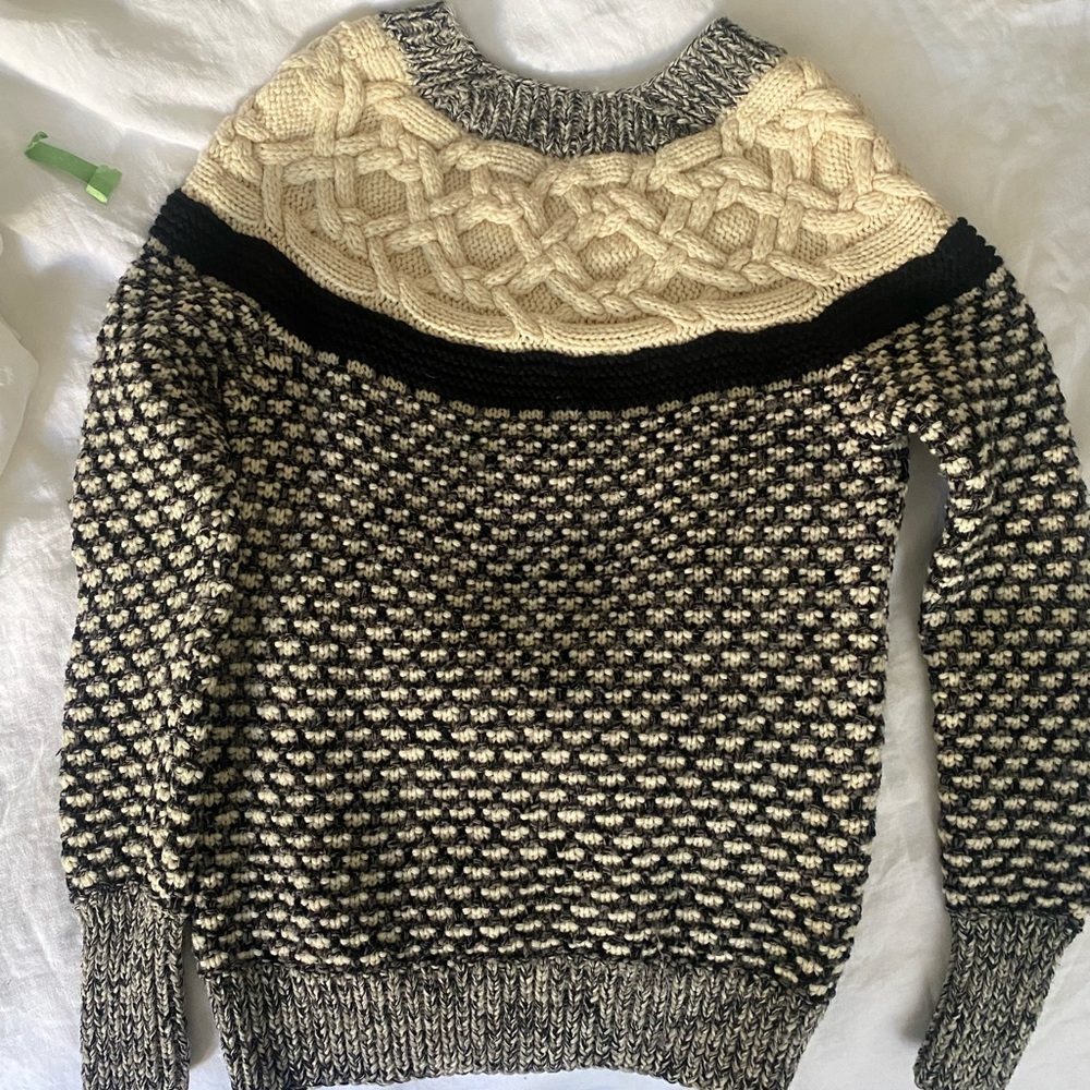 100% Wool J Crew Collection Sweater, Black and White Cable Knit